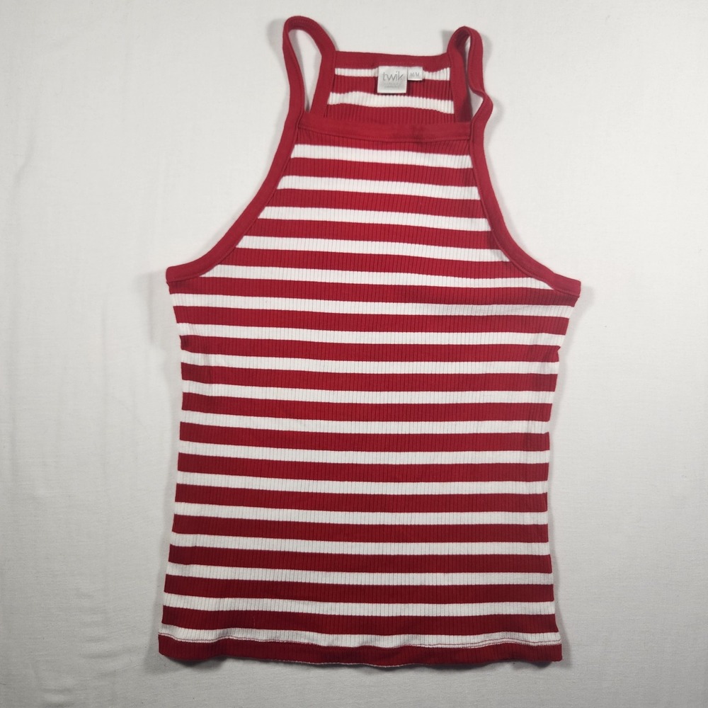 Twik Simons Red White Striped High Neck Halter Ribbed Tank Top Medium‎